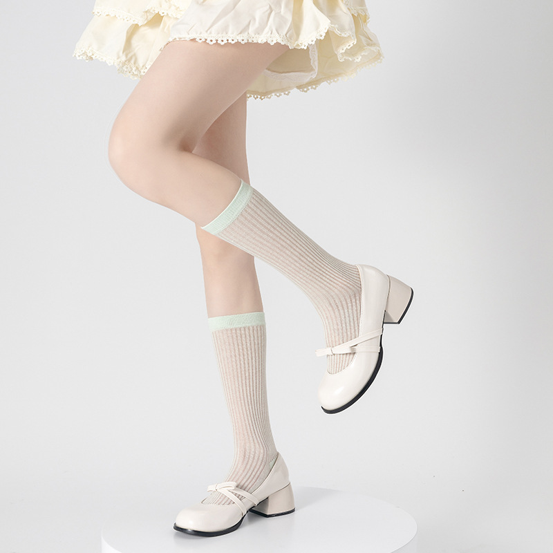 Zapatos y calcetines de ballet estilo Miu de algodón, calcetines finos de primavera y verano con rayas verticales que estilizan, calcetines largos de color puro estilo japonés para niñas.