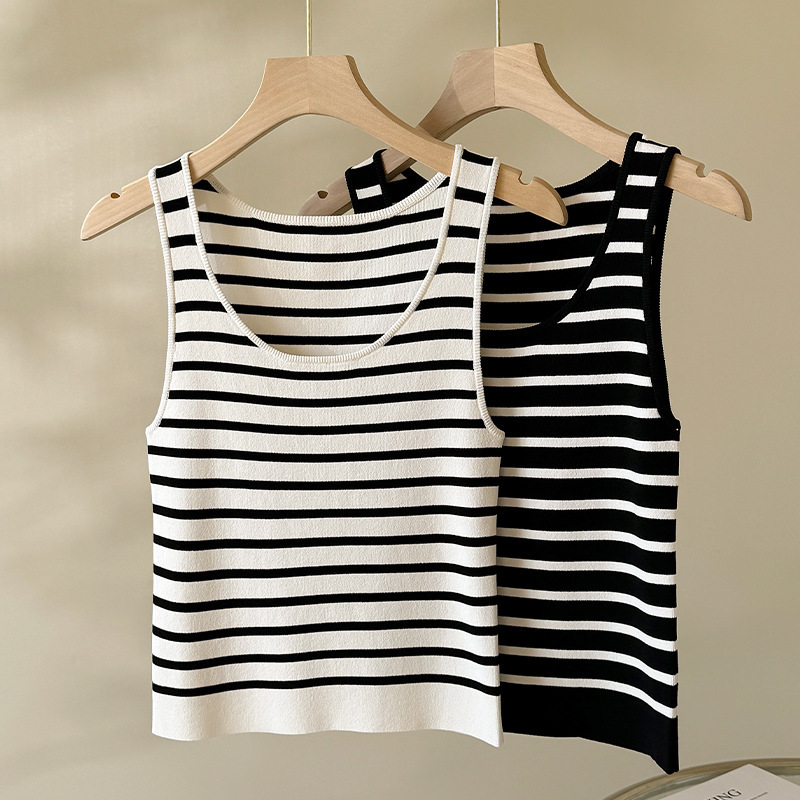 Sleeveless Knitted Vest 2026 Spring/Summer New Style Round Neck Collarbone-Exposing Black and White Striped Camisole Versatile for Women