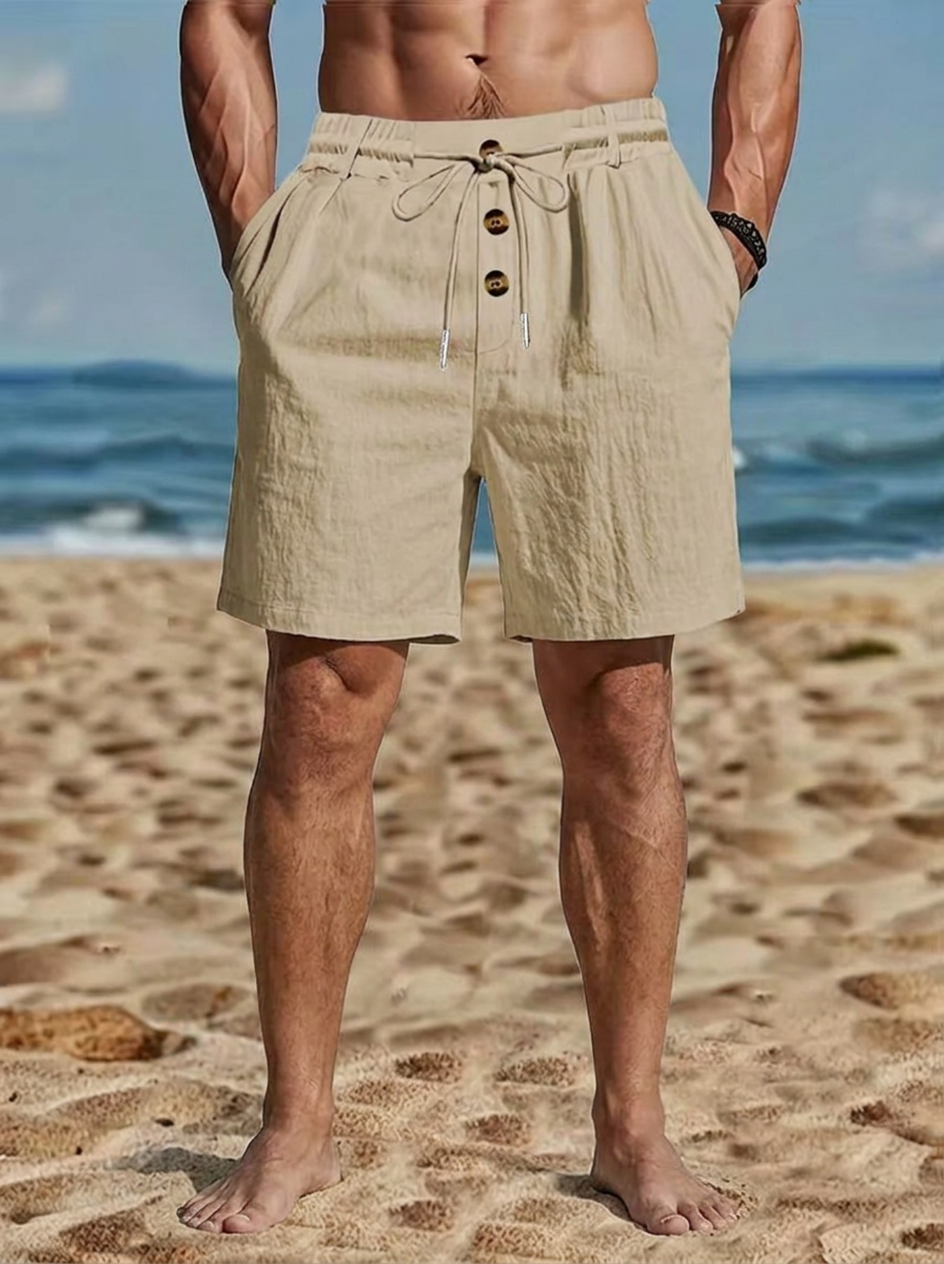 Men's Loose Fit American Linen Beach Casual Washed Button Five Point Sports Shorts mid Waist Summer Polyester Shorts_viptrois.com