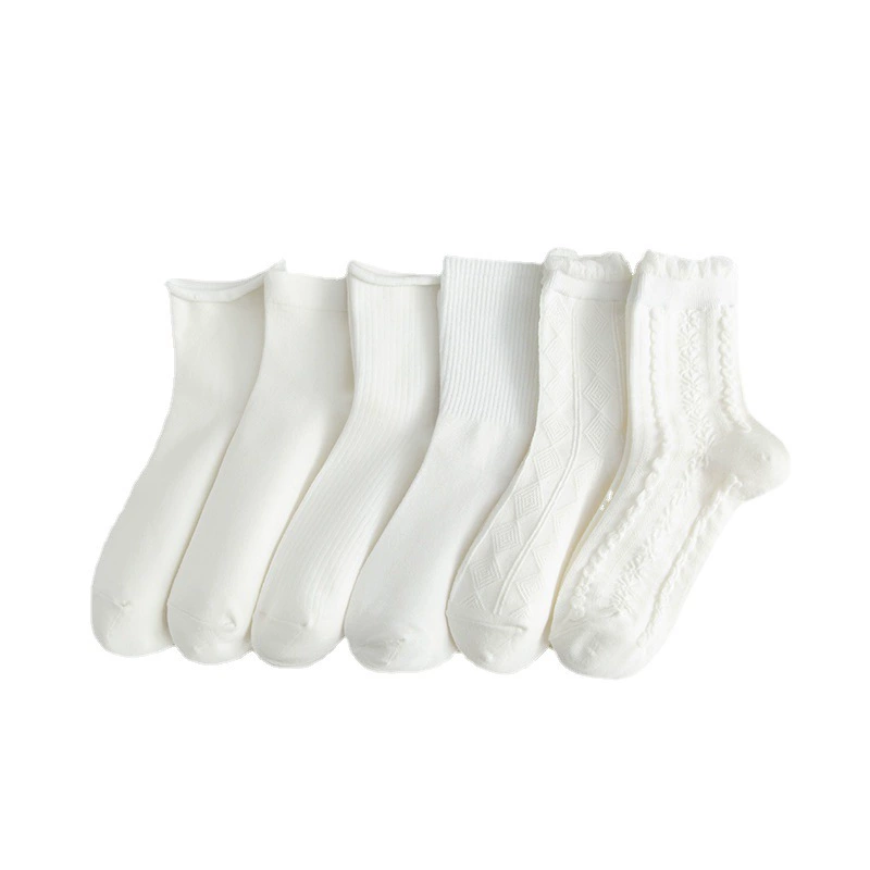 Mid-Length Socks (Tide) — White princess style, universal CN36–43, 6-pattern set
