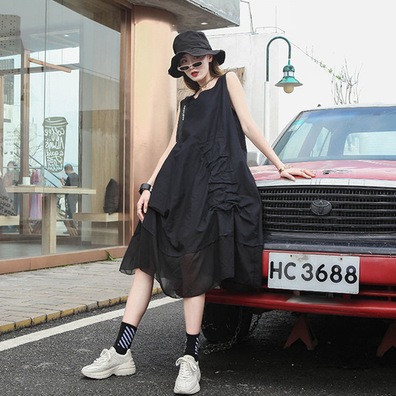 200329 Vintage Sleeveless Dress Distinctive Stitching Irregular Hem A- Shaped Cotton and Linen Vestigular Dress Cross-Border Summer Dress