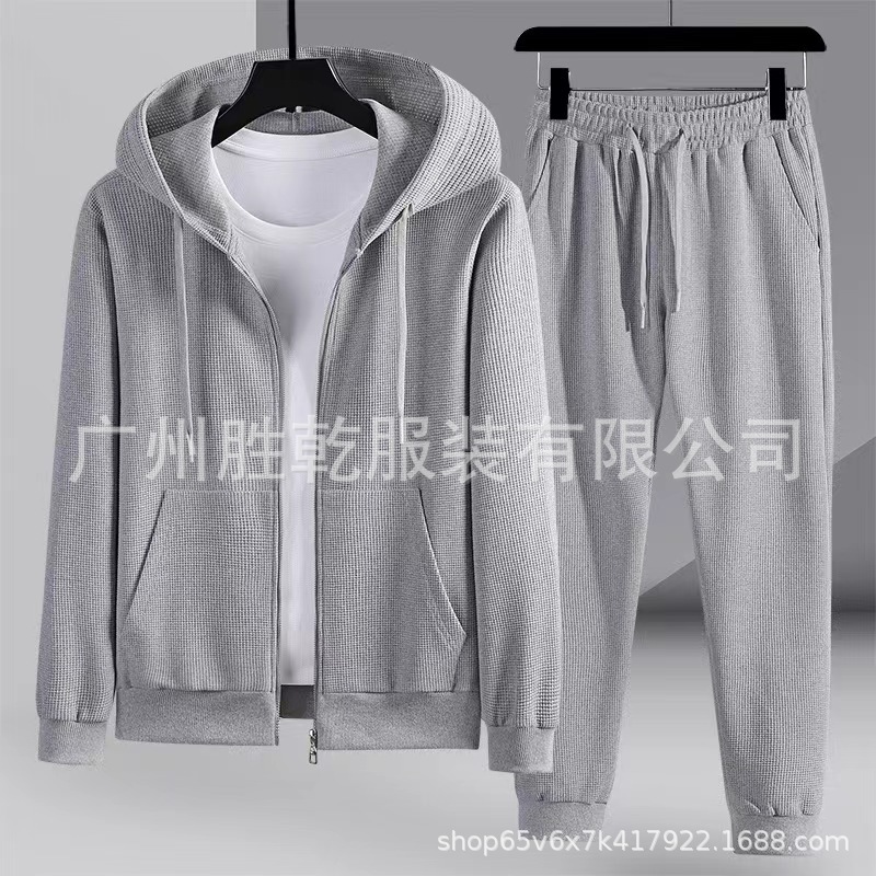 봄과 가을 캐주얼 와플 스포츠 캐주얼 세트 후드 카디건 투피스 세트 느슨한 플러스 사이즈 재킷을 입고 외부