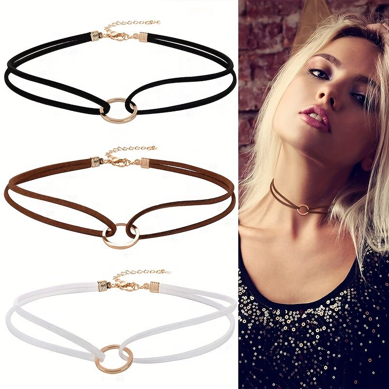 欧美哥特式项链简约双层时尚金属圈圈韩国绒线短款项链颈链锁骨链