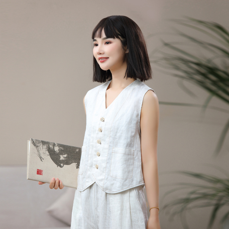 봄과 여름 빛 럭셔리 스타일 꽃 원사 대마 조끼 우아한 유행 키가 크고 슬리밍 캐주얼 여성 조끼