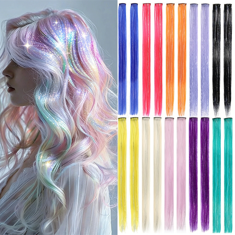 Clip-In Hair Extensions with One-Piece Design, Shiny Synthetic Hair, Small Clips, Gold and Silver Tinsel Hair Extensions
