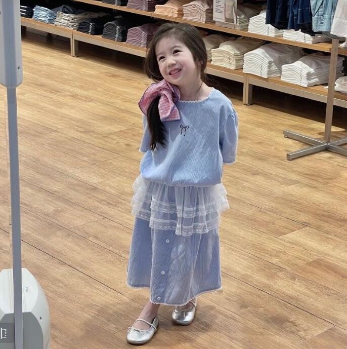 Girl's Embroidered Bow Shirt Two-piece Set 2025 Spring and Summer New Arrival Girl Baby Girl's Western-style Vertical Striped dress