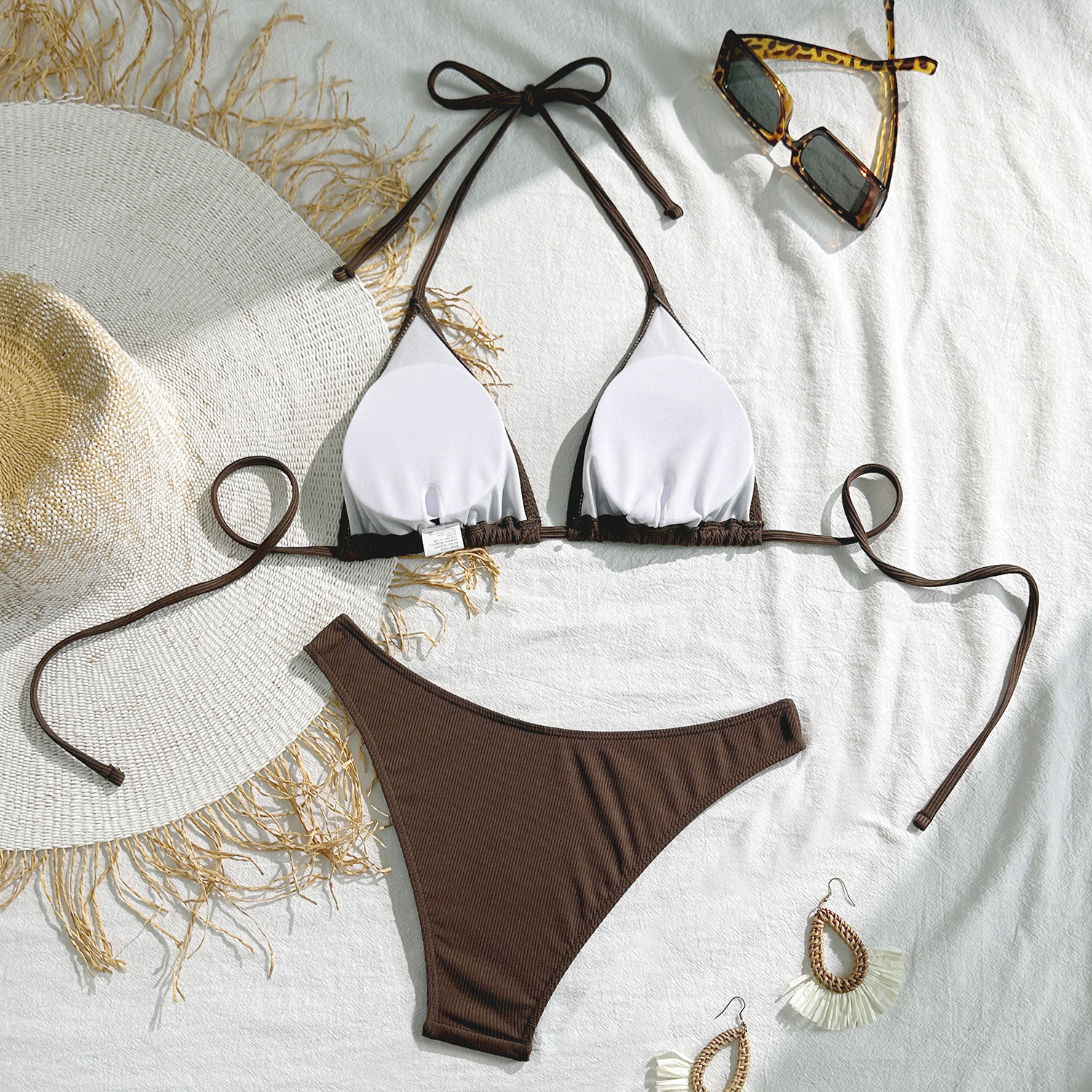 Sexy Bikini Set For Women Ribbed Solid Colour Three Piece Swimsuit_voghion.com