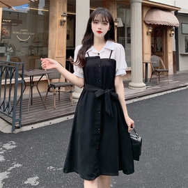 官图实价黑白拼接假两件连衣裙设计感韩版系带收腰衬衫裙子女