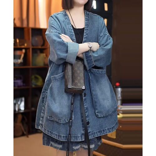 Spring large size new retro casual denim washed coat parquet all-matching artistic loose top cardigan