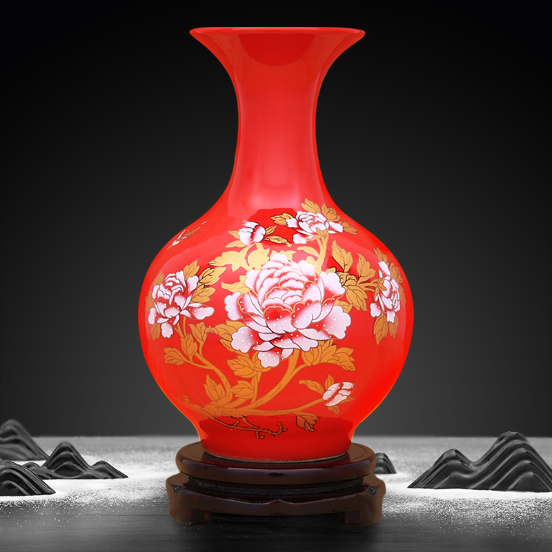 景德镇陶瓷器小花瓶摆件中国红色中式客厅插花喜庆结婚家居装饰品