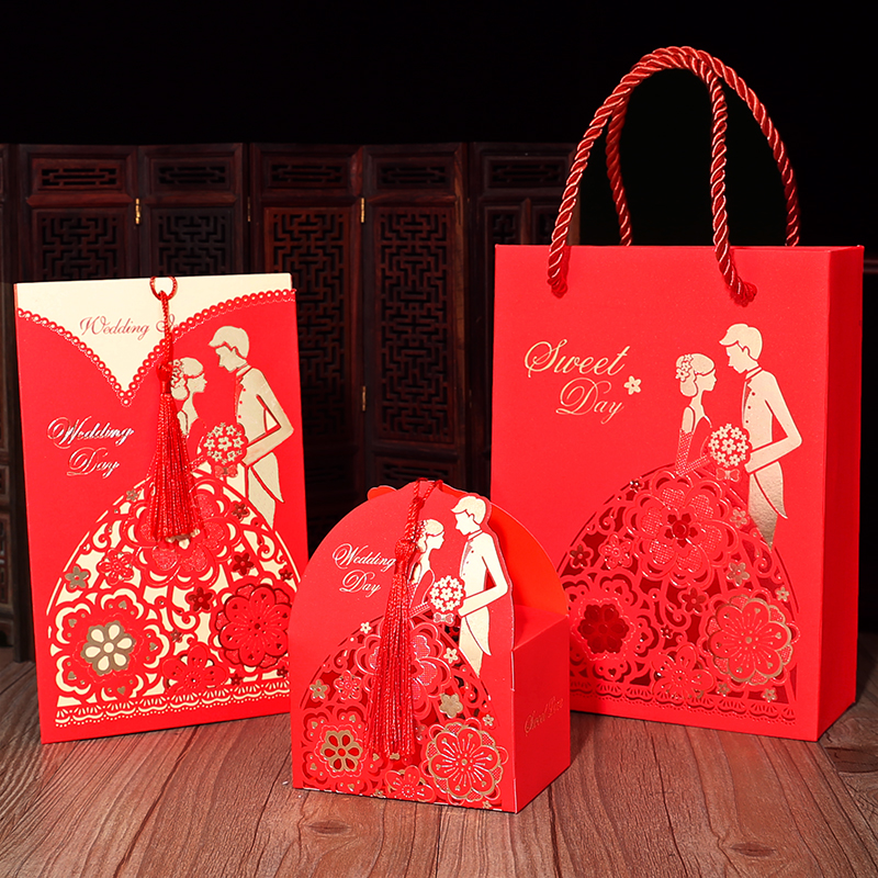 Wholesale invitations wedding candy box three-piece set invitations wedding invitations 2021 handbag Chinese wedding wedding set invitations