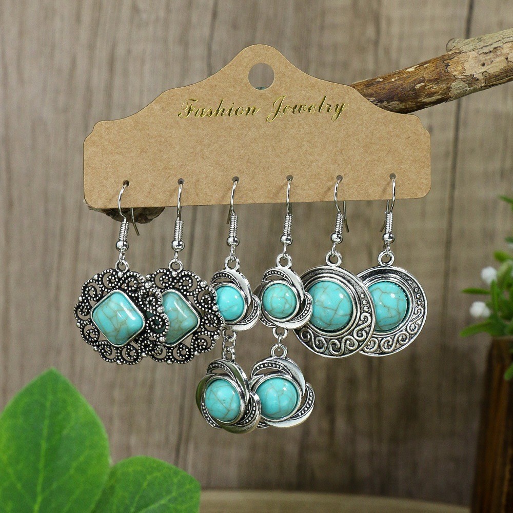 1 Pair Retro Simple Style Geometric Plating Alloy Turquoise Drop Earrings display picture 7
