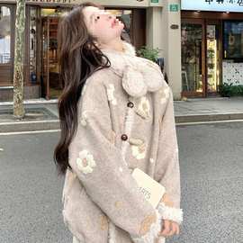 新中式国风碎花羽绒内胆羊羔毛呢外套女冬季甜美巨好看小个子大衣