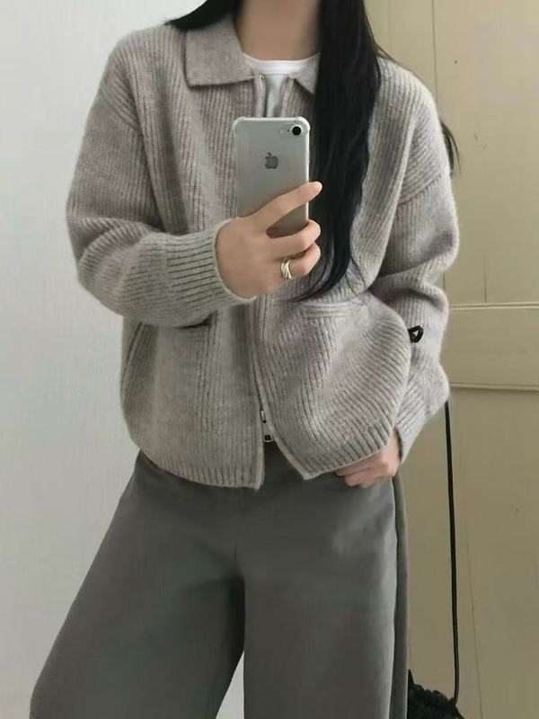 简约时尚高级感毛衣外套女双拉链翻领挺阔感针织开衫韩系穿搭女装|undefined