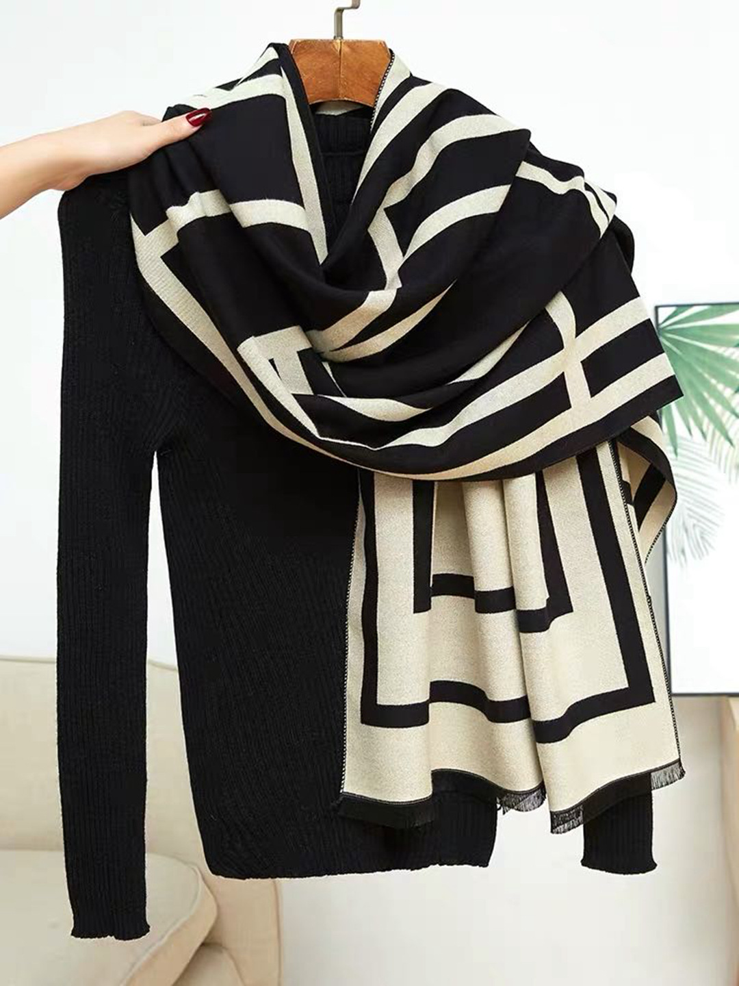 Bufanda de imitación cachemir para mujer gruesa a rayas_voghion.com