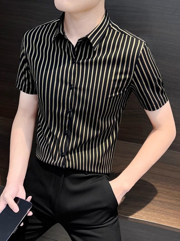 夏薄いハイエンドストライプ半袖アイスシルクシャツメンズ新しいファッショントレンディなブランド紳士服ビジネススリムシャツ|undefined