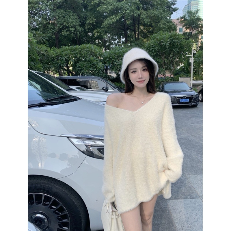 白色水貂絨毛衣女秋冬新款韓版寬鬆溫柔風粉嫩軟糯領針織衫上衣