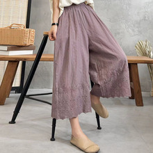 夏季新品水洗森系文艺刺绣花边裤镂空休闲七分阔腿裤中裤