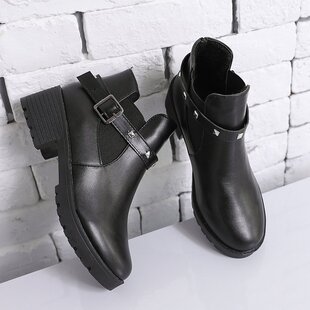 2024 Autumn and Winter New Thick Heel Martin Boots Women's Round Toe Rivet Belt Buckle Plus Velvet Short Boots Fashionable Slim Boots