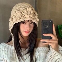 复古手工钩花针织套头帽女秋冬波西米亚风川西旅游包头帽毛线帽子
