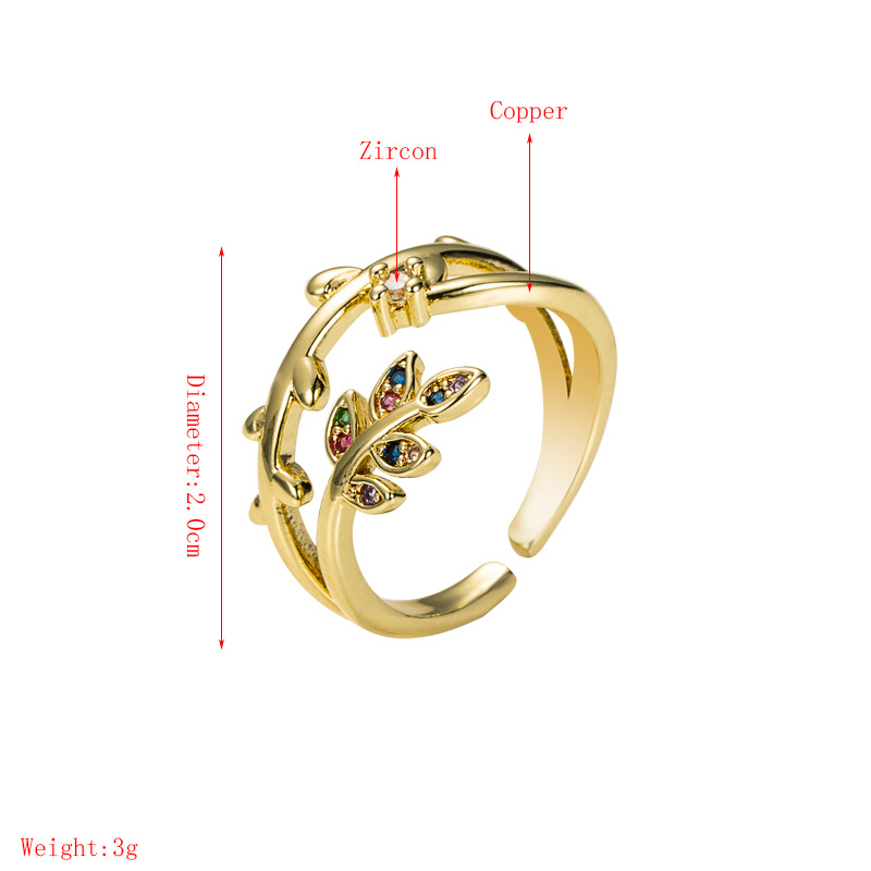 Korean Flowers Leaves Pure Copper Micro Inlaid Color Zircon Couple Ring display picture 1