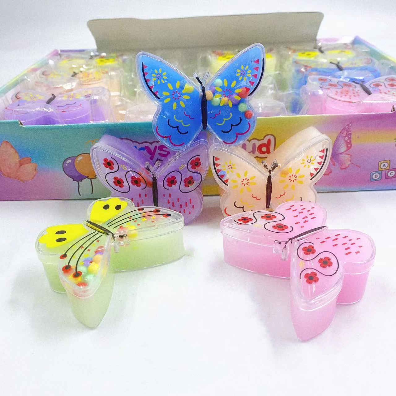 24 en pequeña mariposa de barro de cristal espumante goma dibujos animados juguetes para niños boxes de slime descomprimidas DIY 2 yuan