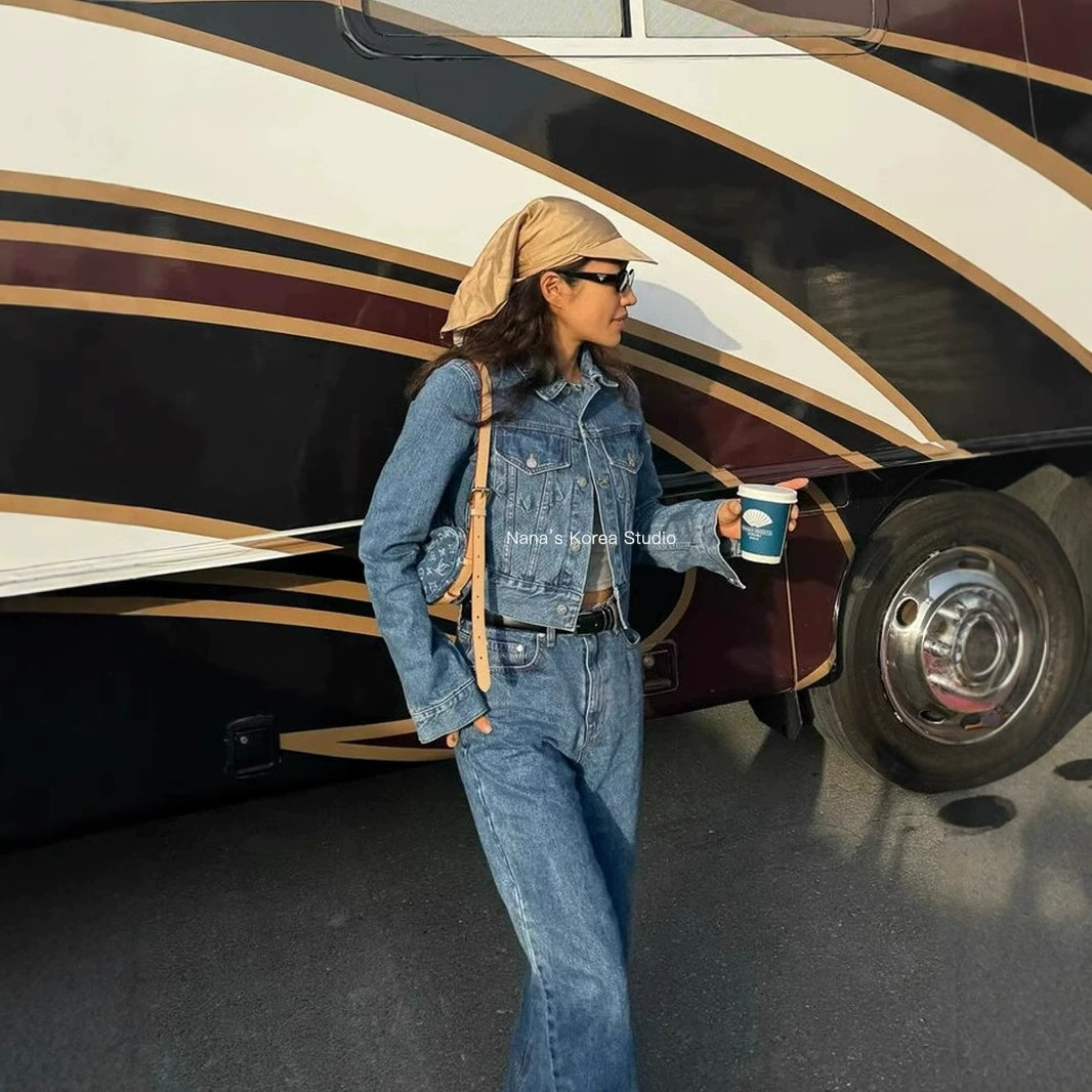 Новый 2024 год корейский сток denim утепленная куртка на плечах для женщин весна и осень