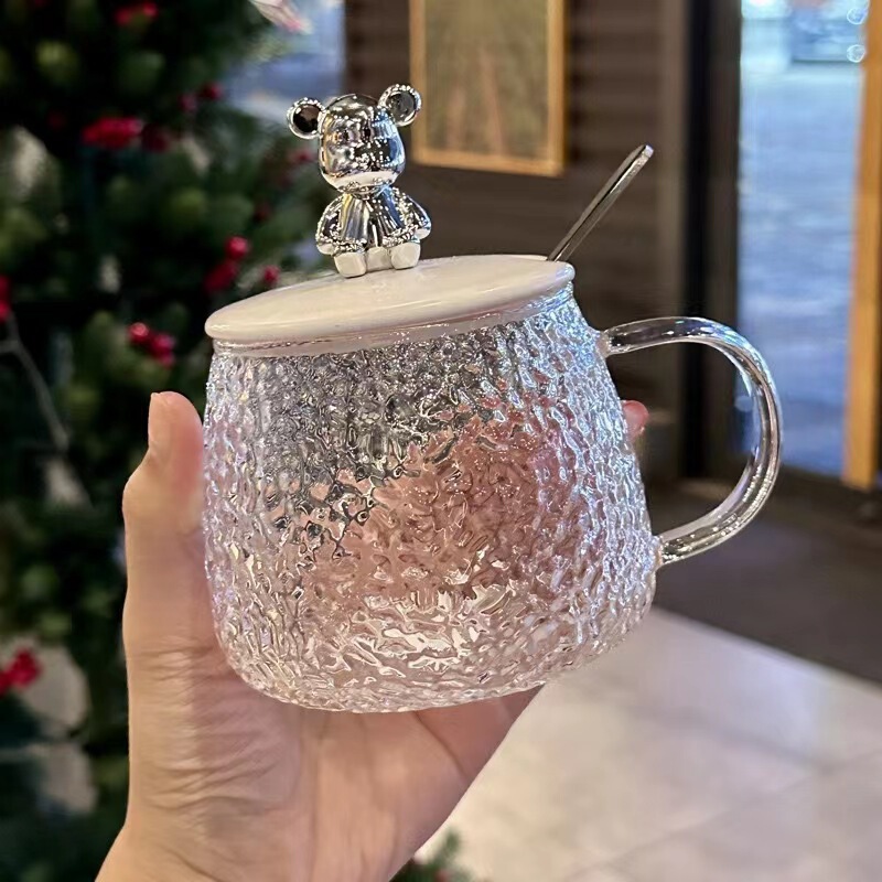 Bear Glass Mug Hammered Water Cup Household Transparent Breakfast Milk Cup with Lid Welfare Small Gift Cup
