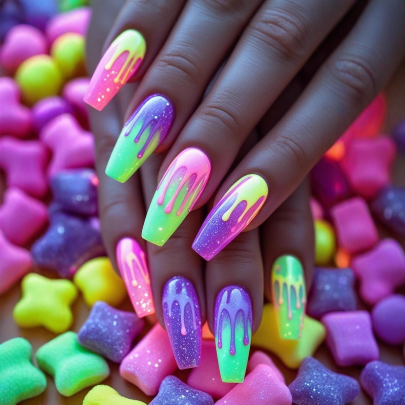 Foreign Trade 3D Stereo Relief Sweet Rainbow Magic Juice Manicure Tablets European and American Wearable Nails Press on Nails