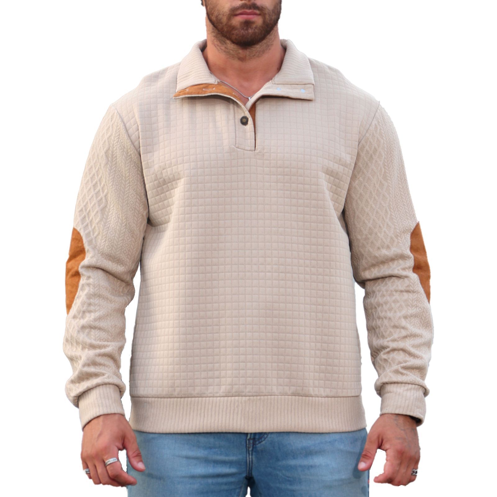 Chaqueta de manga larga con cuello de solapa y estampado a cuadros pequeño, estilo casual de primavera y otoño para hombre, sudadera informal para exteriores.
