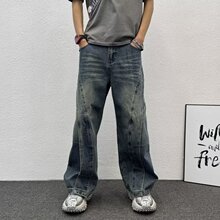 跨境美式高级感复古蓝弯刀牛仔裤男水洗做旧帅气休闲宽松潮流阔腿