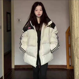 美式设计感拼接条纹棉衣棉服女冬季新款加厚宽松百搭面包服外套潮