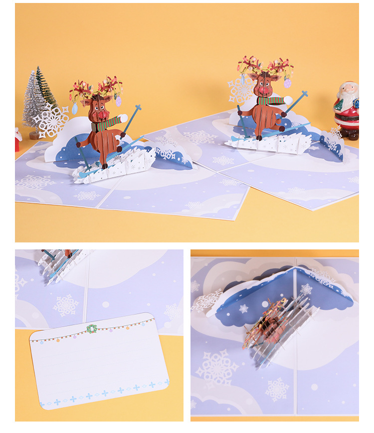 Skiing Elk Christmas New Stereoscopic Greeting Cards Creative Paper Blessing Message Card 3d Pop-up Creative Greeting Card display picture 2