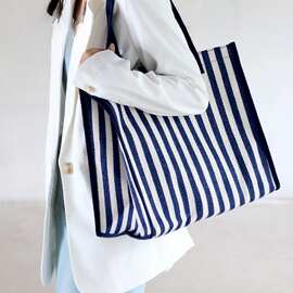 韩版休闲手提包大容量条纹帆布单肩收纳袋女士时尚超市购物袋批发