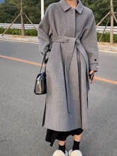 22年新款 簡約韓系純色慵懶中性雙面羊毛大衣中長腰帶秋冬女外套