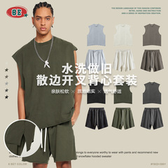 BE Men's Clothing｜24 Spring and Summer European and American Foreign Trade Teenagers Retro Washed Sleeveless Sports Fitness Vest Set Men