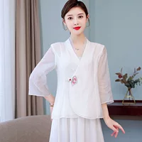 Настоящий выстрел Hanfu Улучшенный костюм Тан Женская одежда в китайском стиле летняя средняя одежда вышитый Топ Китайский дзен чай одежда фея