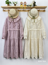 日系娃娃领森系棉拼接连衣裙宽松显瘦刺绣木耳边大摆裙