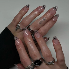 2024新款甜美風蝴蝶結穿戴甲美甲批發點鑽短尖指甲貼片穿戴式甲片