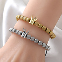 欧美复古不锈钢光面皇冠手链男不掉色小众百搭抽拉绳可调节手饰