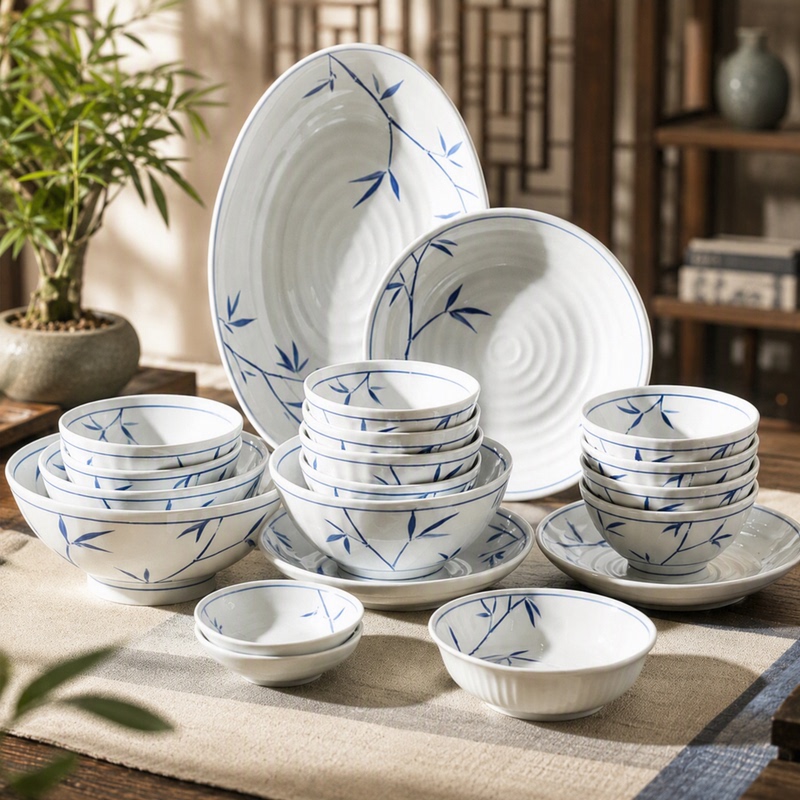 Blue and White Bamboo Leaf Ceramic Tableware Set for Home Use, Bowl and Plate Combination, Chinese-Style Retro Underglaze Color Bowls, Plates, Soup Bowls, and Dish Plates