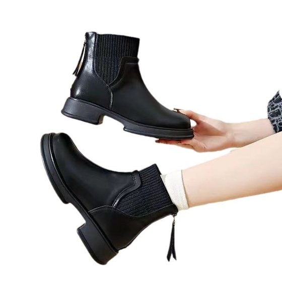 British Style Thick-Soled Socks Boots with Back Zipper Boots for Women 2025 Autumn and Winter New Style Chelsea Short Boots