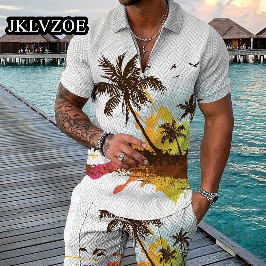 비치 시리즈 POLO 지퍼 세트 3D 유럽과 미국 스타일 남자의 지퍼 POLO 셔츠 반바지 세트 남자의 여름