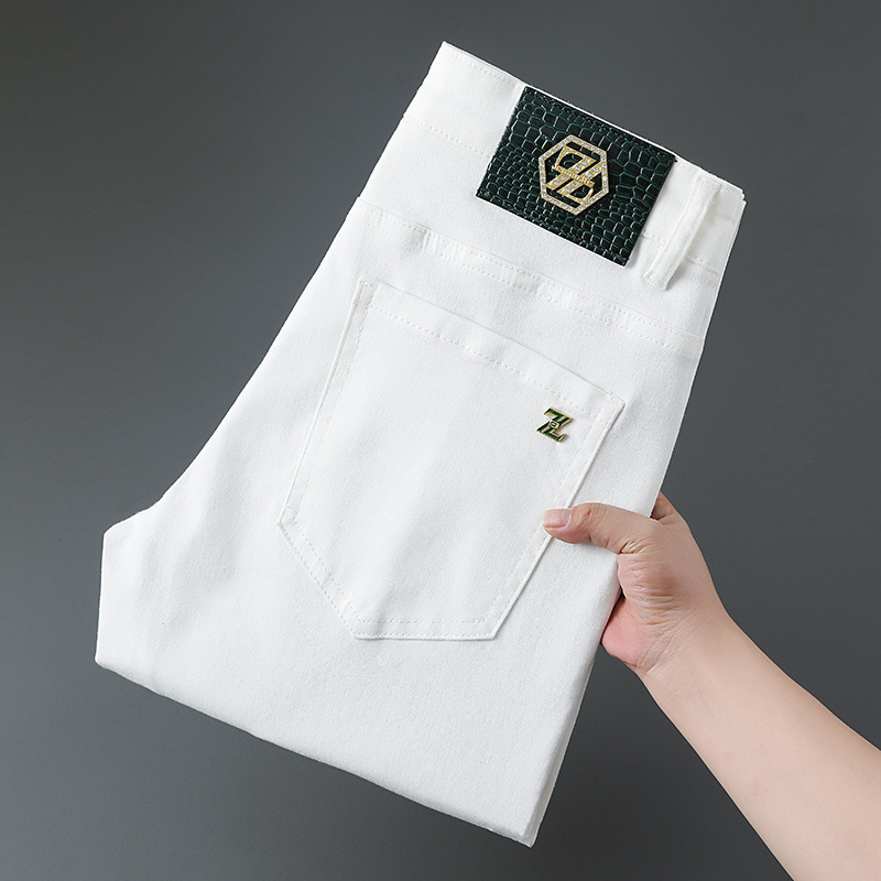 2026 White Jeans for Men, New Summer Style, European High-End Slim-Fit Skinny Pants, Stretch Pure Cotton Casual Long Pants