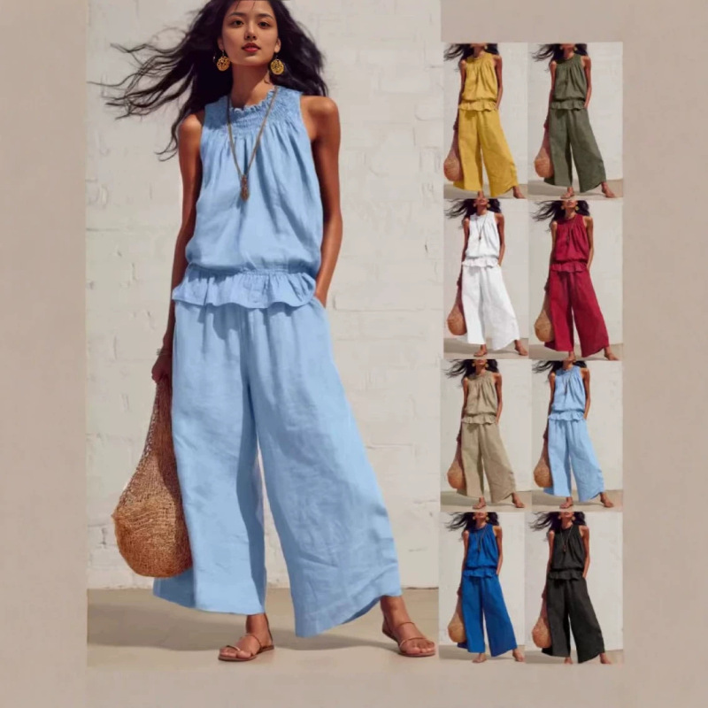 2026 Amazon Tk European and American Cross-Border Drapey Cotton-Linen Shirt Solid Color Fashion Elegant Sleeveless Long Pants Two-Piece Set