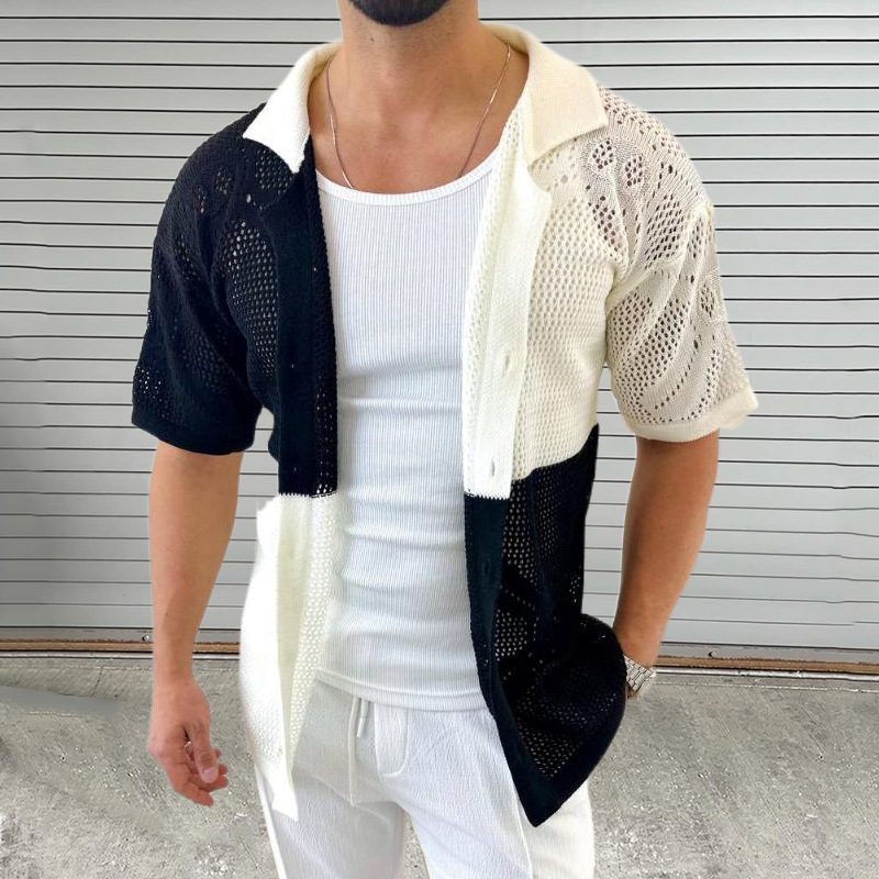 Color Block Hollow Knit Sweater Turn-Down-Kragen Kurzarm-Cardigan Dünn Sommer Muscle Plus Size Herrenbekleidung_voghion.com