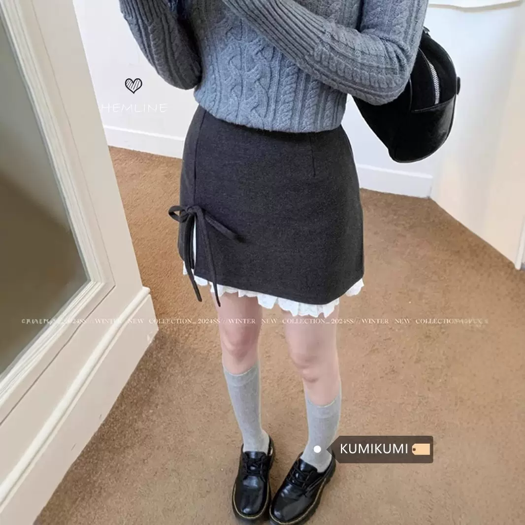 灰色韩系甜美风蝴蝶结系带半身裙女春季设计感花边毛呢包臀裙短裙