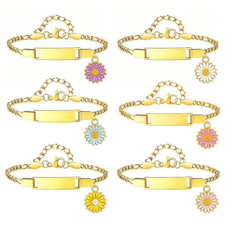 Stainless Steel Plated with 18K Gold, Customizable Engraved Curved Tag Children's Bracelet, Multicolor Enamel Daisy Women's Long Bar Bracelet