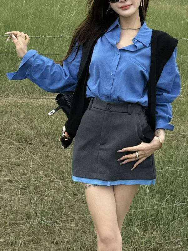 米娜家草原娜日太泡菜DZ灰色蓝边西装半裙➕衬衣|undefined