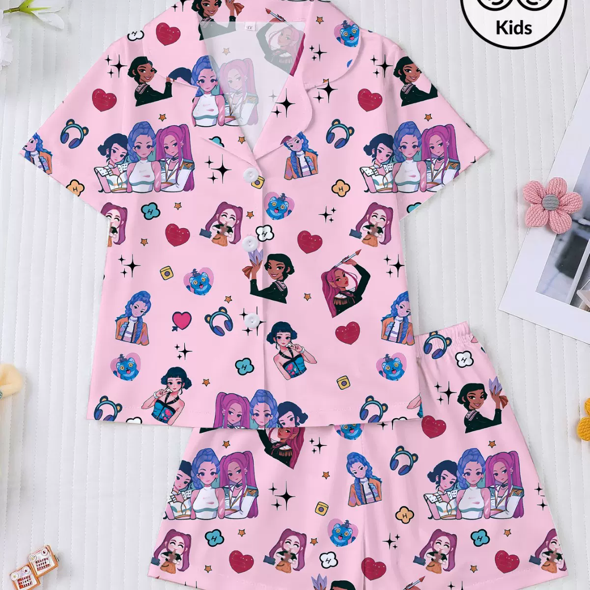 跨境外贸新款四季中童女孩睡衣套装短袖短裤开衫印花kid pajama